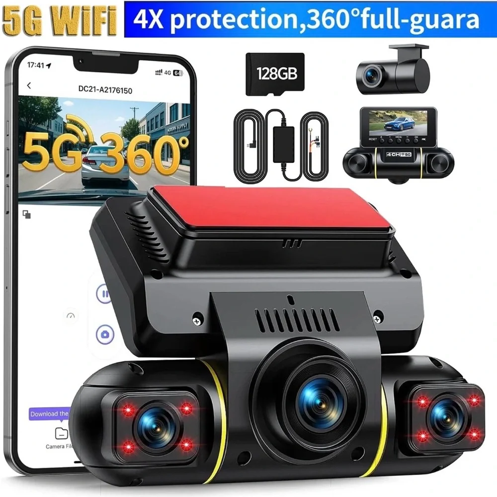5G Wifi Dash Cam 4 Channel 360Β° FHD 1080P Car Camera with Hardwire Kit & 128GB - Picture 1 of 7